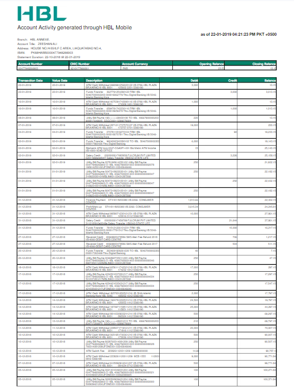 PAKISTAN HBL utility bill Word and PDF template